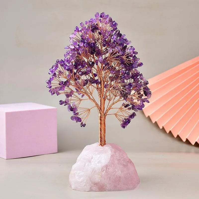 Joie de Vivre - Lebensbaum aus Amethyst mit Basis aus Rosenquarz