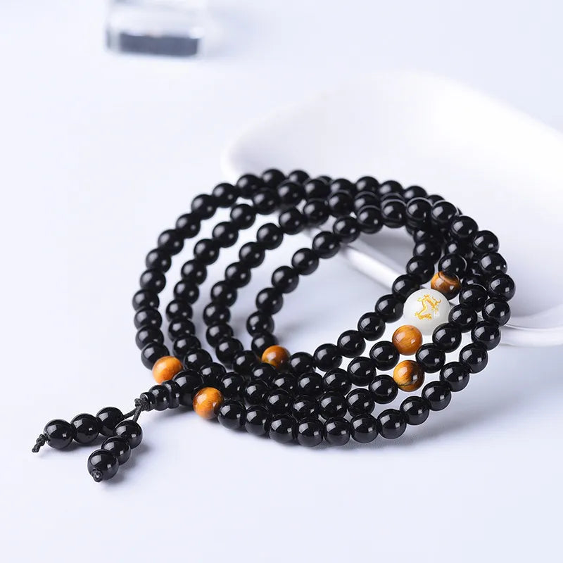 Mala Bracelet Obsidian and Tiger Eye "Mental Strength"