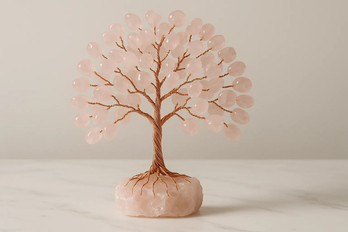 Albero in Quarzo Rosa e Avventurina su elemento di Quarzo Rosa - Fiori - Oggettistica - Sculture