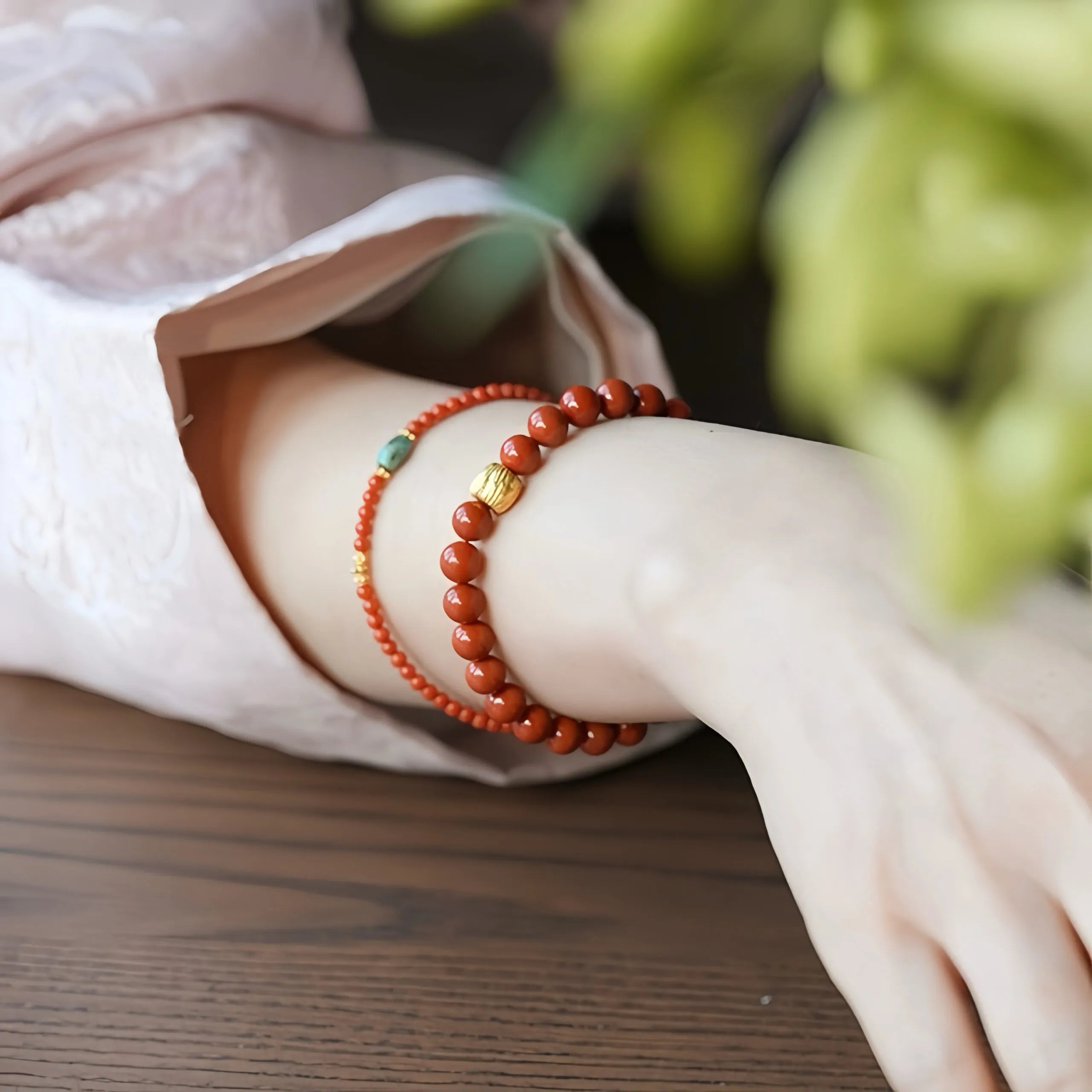 Red Agate Bracelet with Gold-Plated Silver Accents