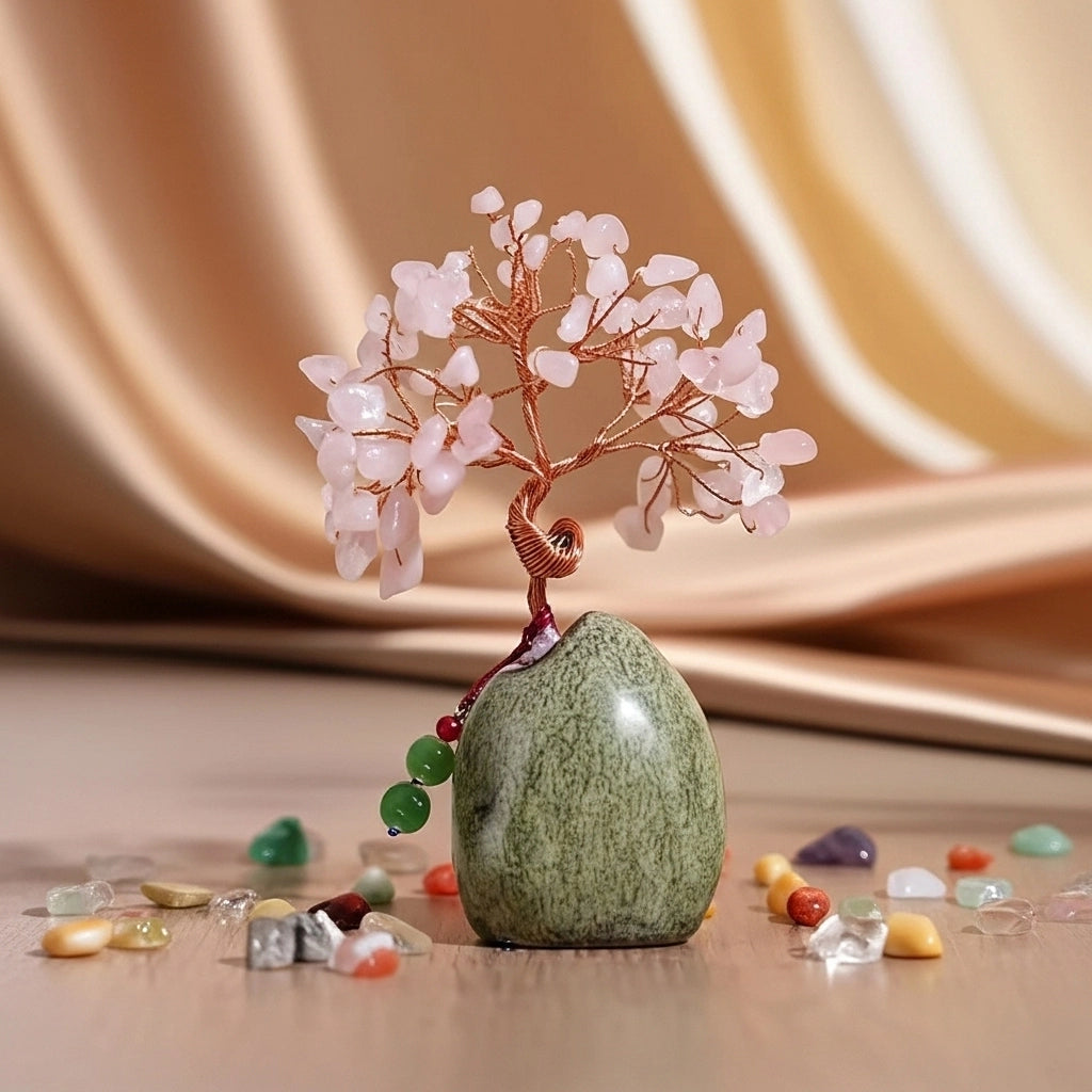 Arbre de vie décoratif en quartz rose et pierres naturelles avec un bracelet assorti, posé sur une base en pierre verte.