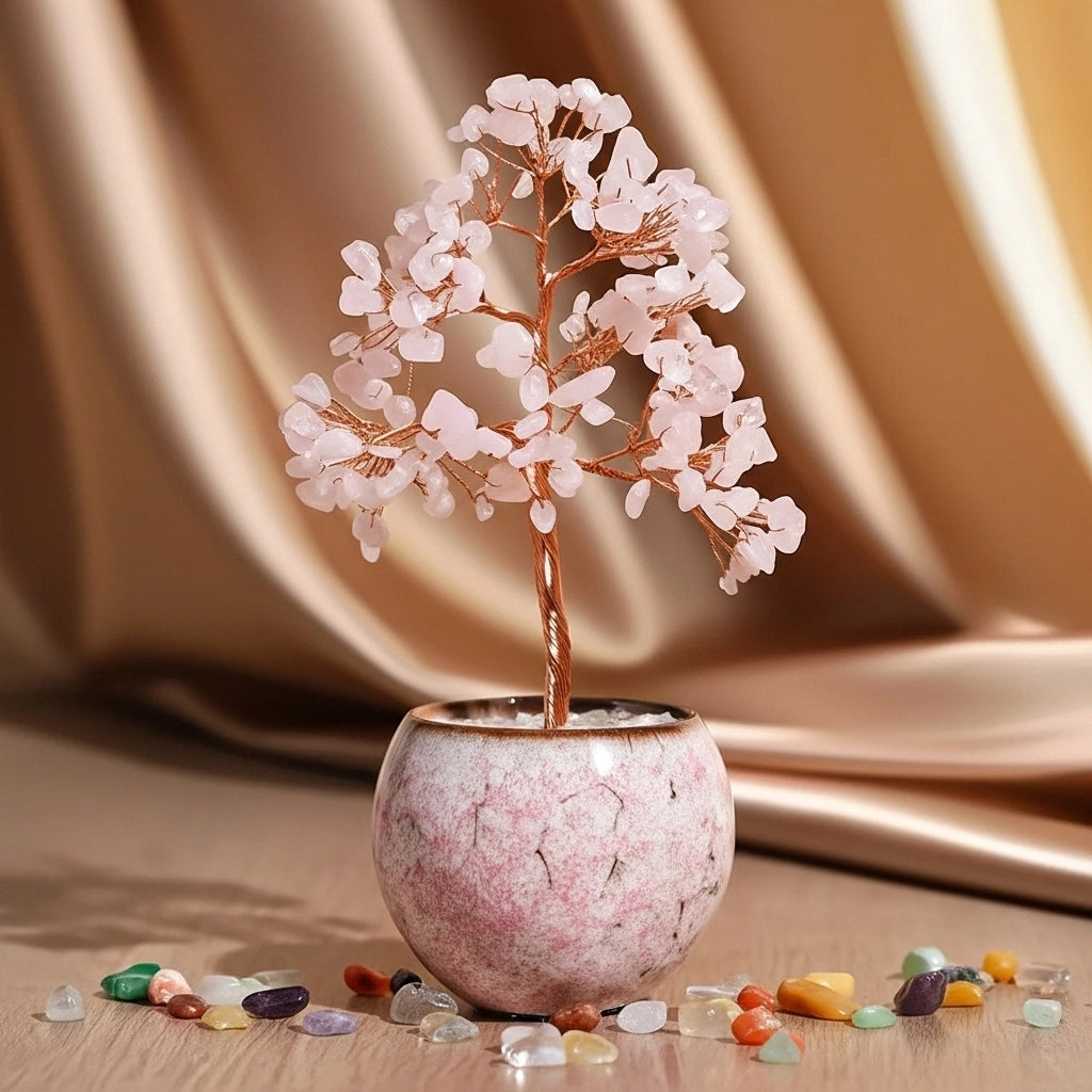 Arbre de vie décoratif en quartz rose avec un pot en céramique rose moucheté et des pierres colorées disposées autour.