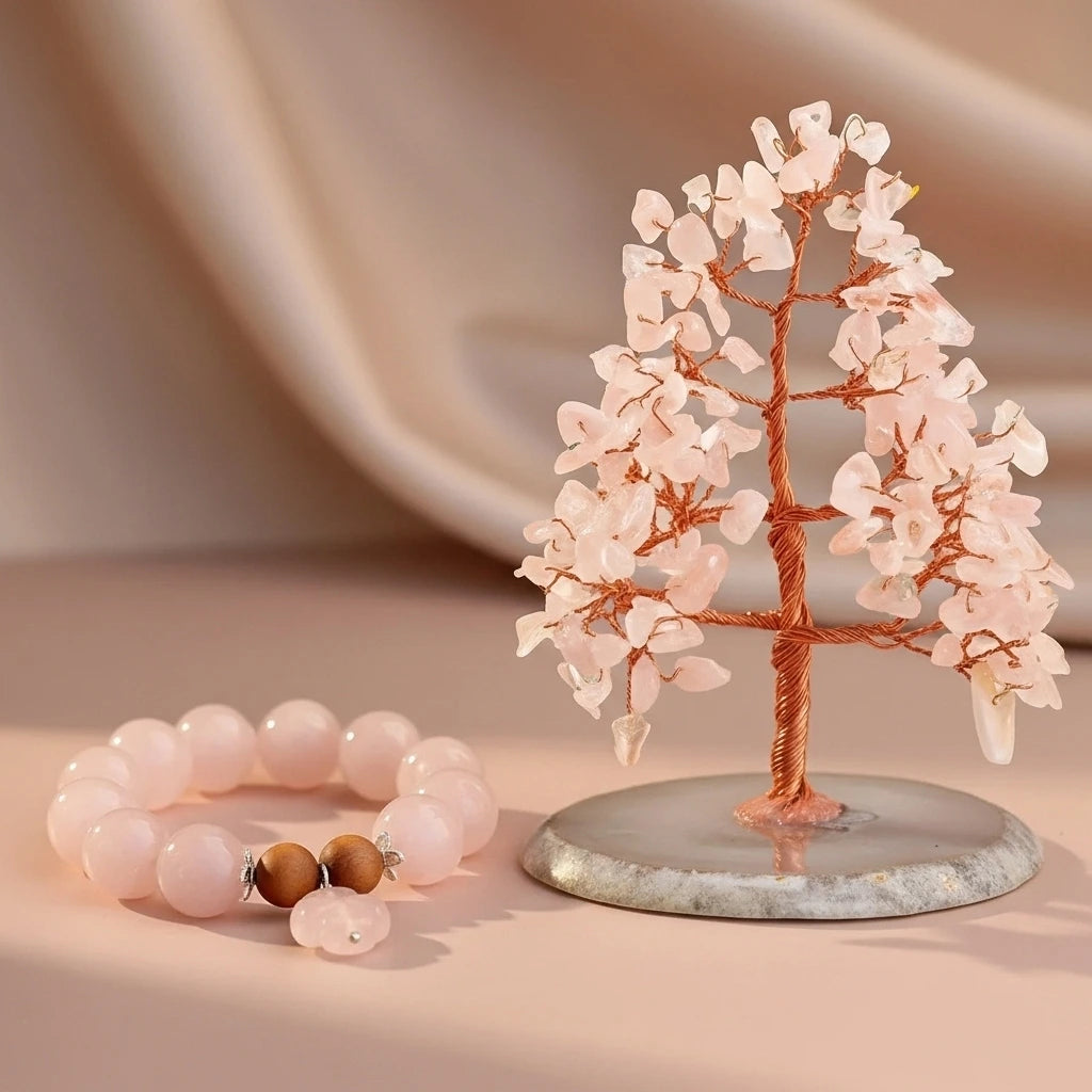 Coffret cadeau Amour composé d'un arbre de vie en quartz rose et d'un bracelet assorti