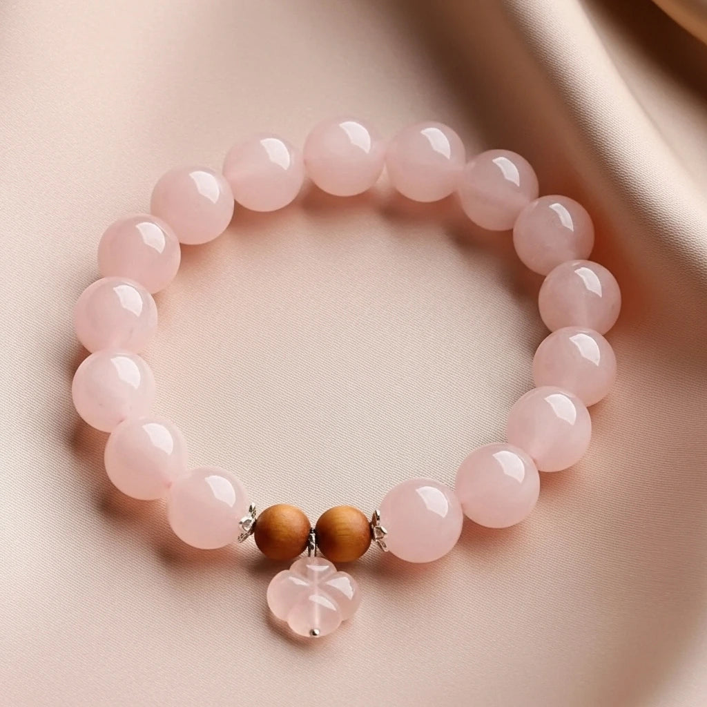 Bracelet en quartz rose avec un pendentif en forme de fleur et des perles de bois, sur fond satiné rose pâle.
