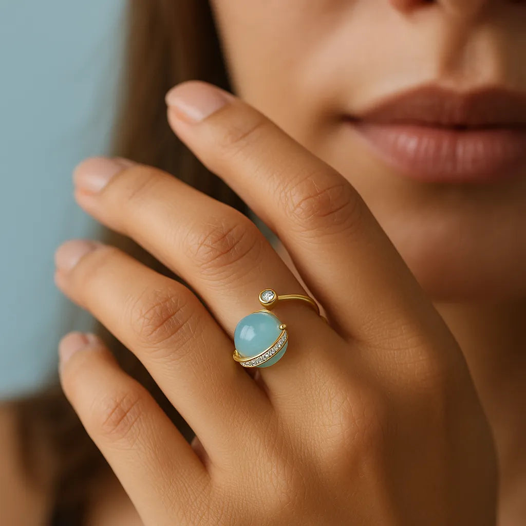 Aigue Marine Ring "Galaxie Bleue" Gold Plated Silver 14K