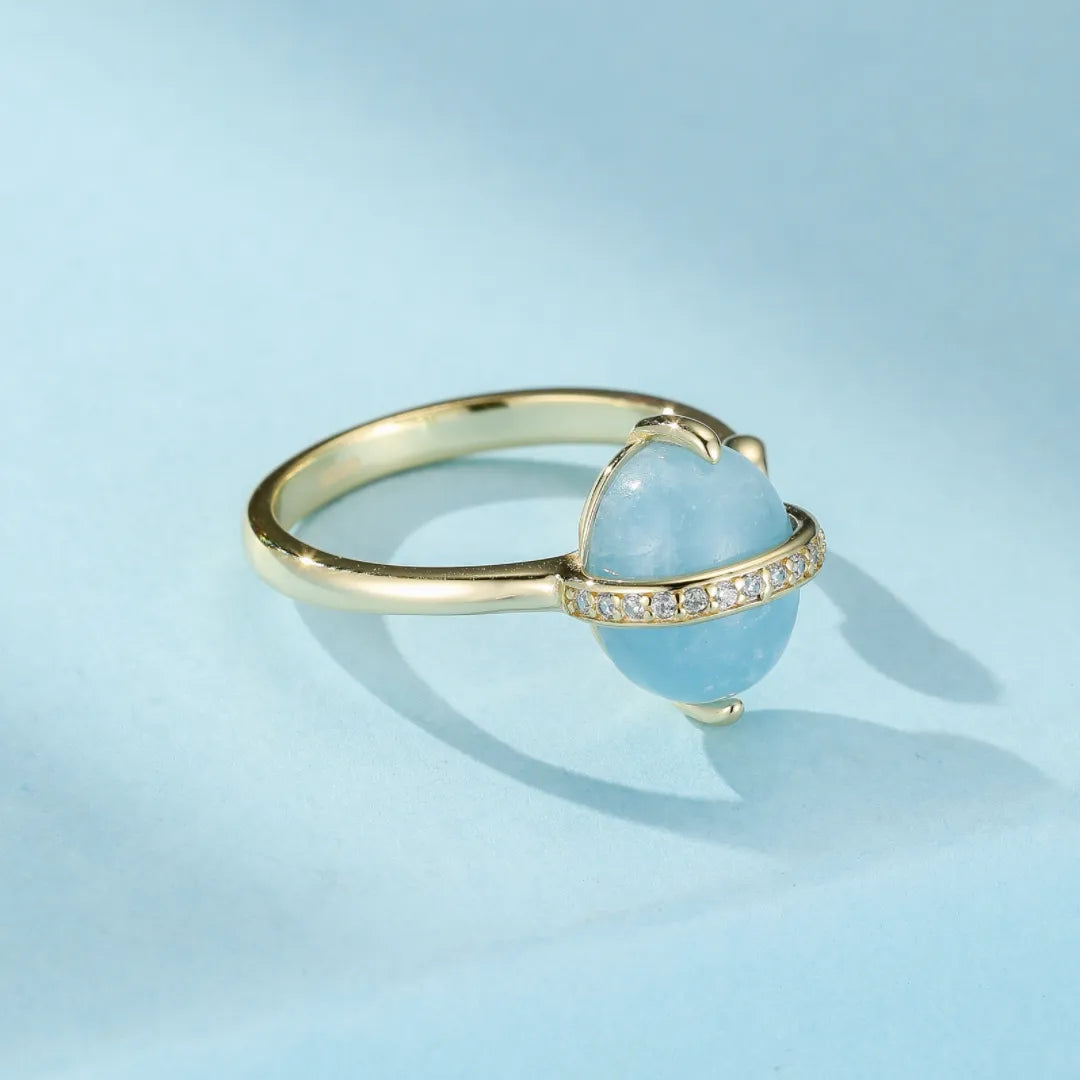 Aigue Marine Ring "Galaxie Bleue" Gold Plated Silver 14K