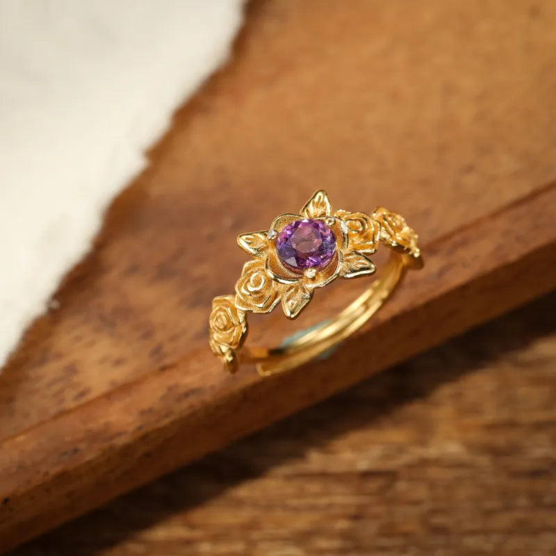 Amethyst Ring "Floral Dream" Silver Plated Gold