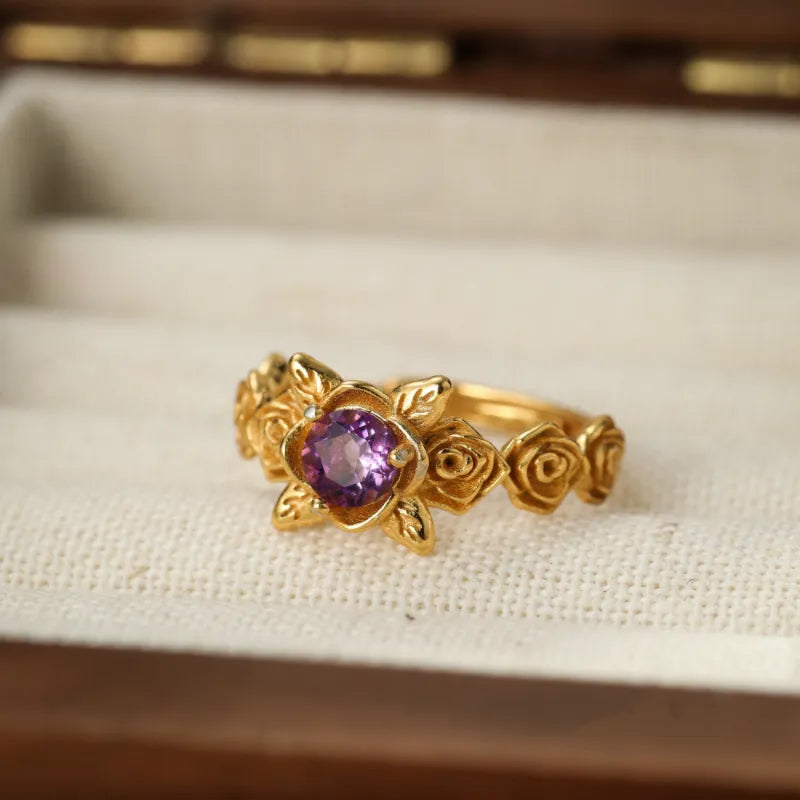 Amethyst Ring "Floral Dream" Silver Plated Gold