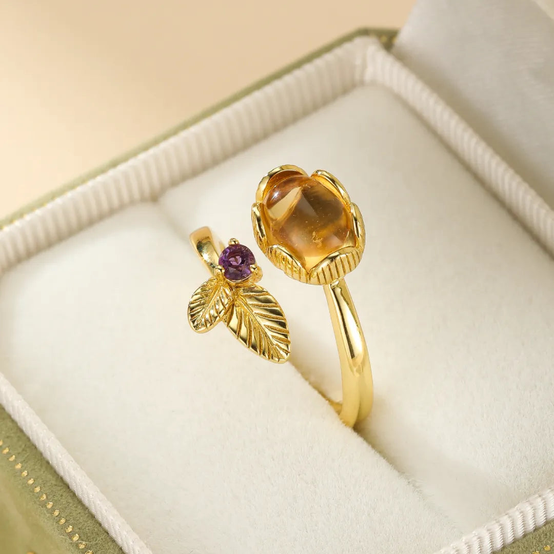 Citrine and Amethyst Ring "Fleurette" Gold-Plated Silver