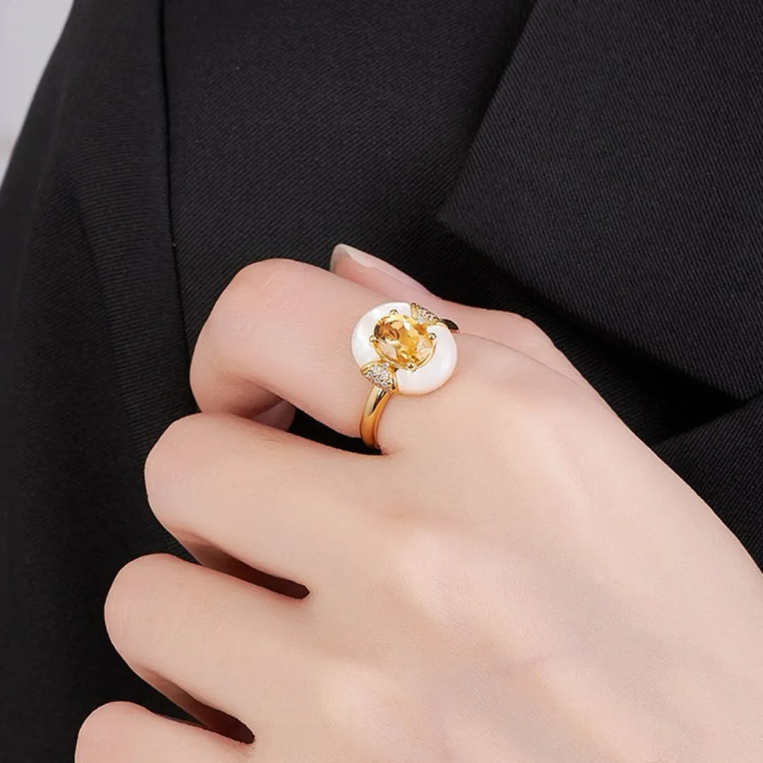 Citrine and Mother-of-Pearl Ring "Eternal Elegance" Gold-Plated Silver