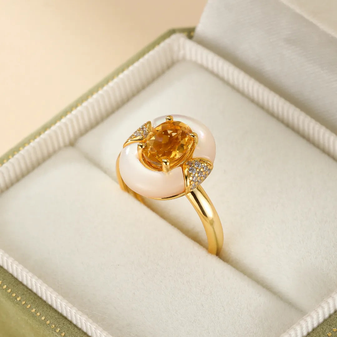 Citrine and Mother-of-Pearl Ring "Eternal Elegance" Gold-Plated Silver