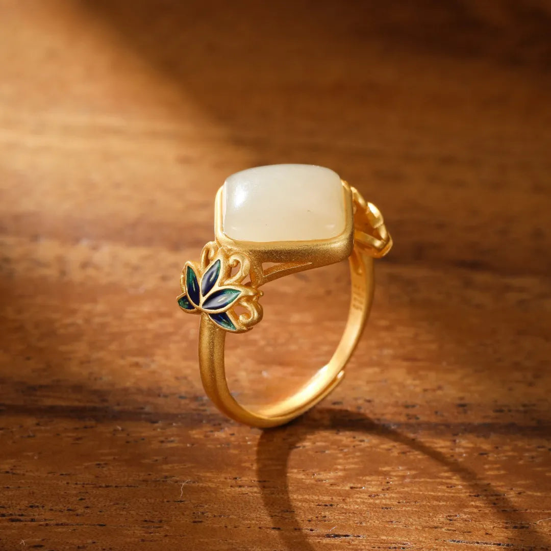 Bague Giada Bianca "Lotus Celeste" Argento Dorato Oro