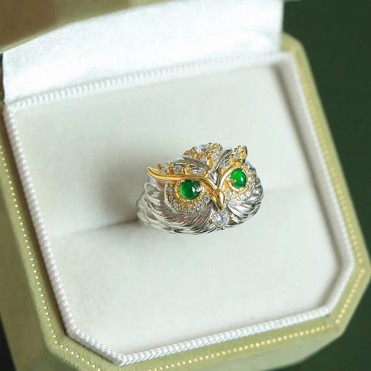 Jade Ring "Charming Owl" Silver