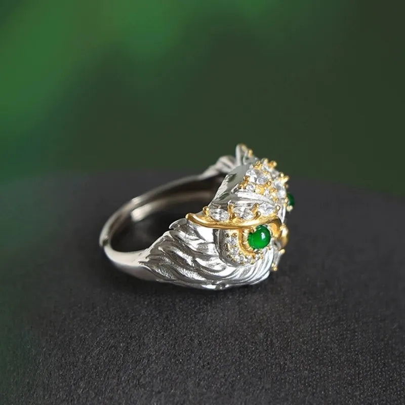 Jade Ring "Charming Owl" Silver