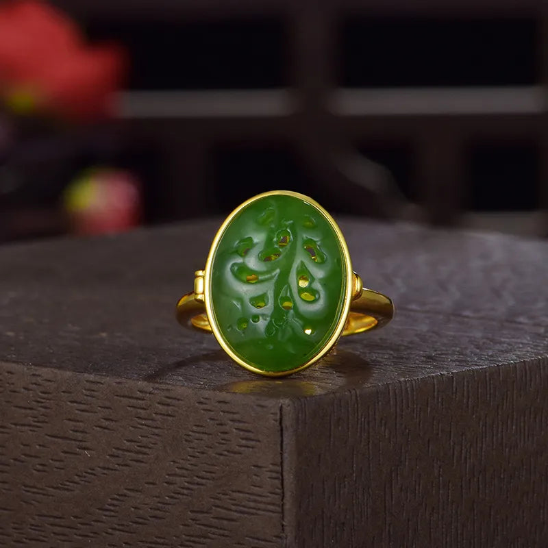 
Jade Ring Duftträger "Kaiserliches Elixier" Vergoldet Silber