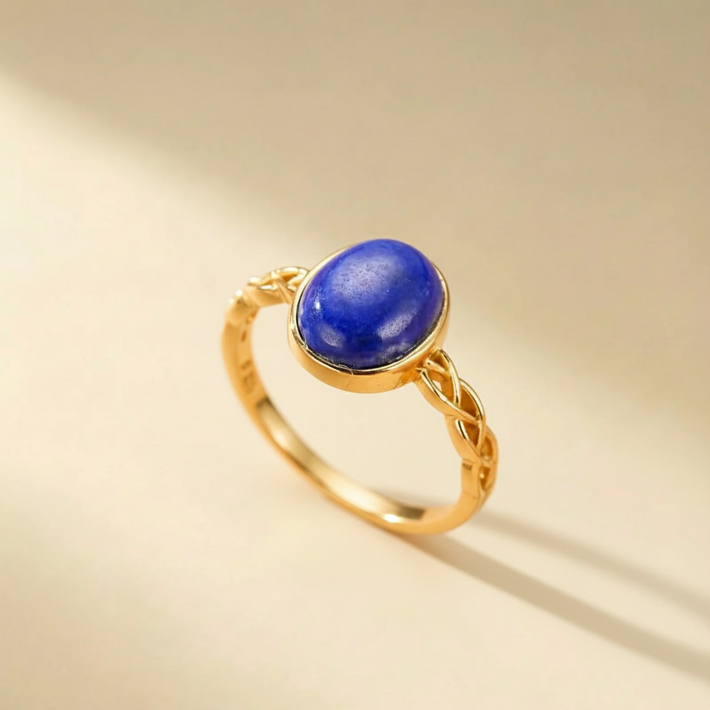 Bague en argent doré à l'or 18 carats avec une pierre de lapis-lazuli ovale et un design torsadé élégant.