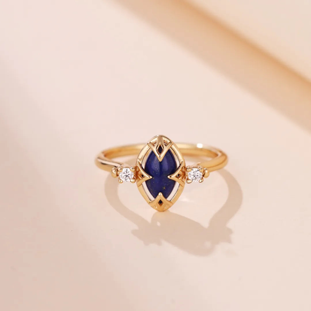 Lapis Lazuli and Clear Quartz Ring "Marine Serenity" Gold-Plated Silver