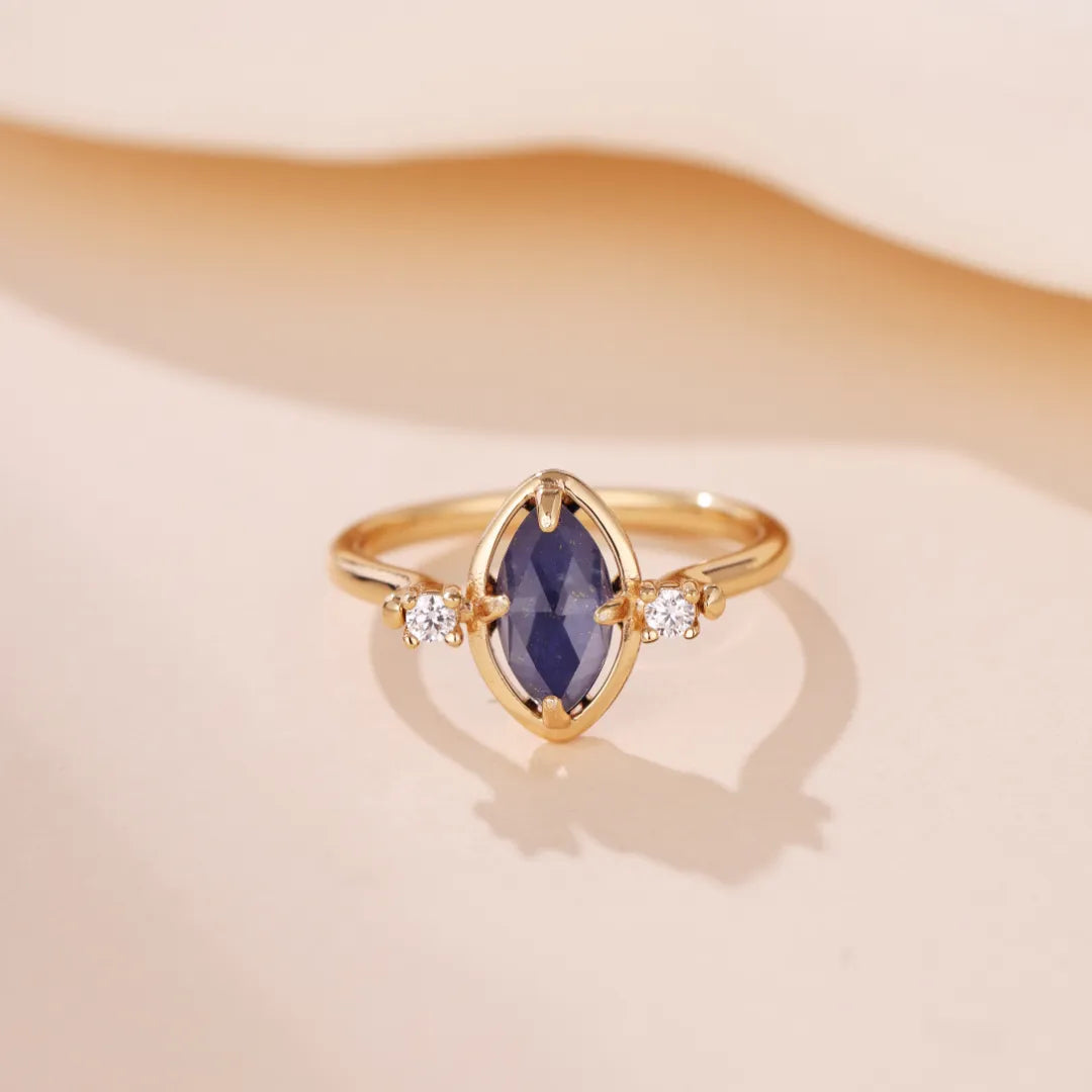 Lapis Lazuli and Clear Quartz Ring "Marine Serenity" Gold-Plated Silver