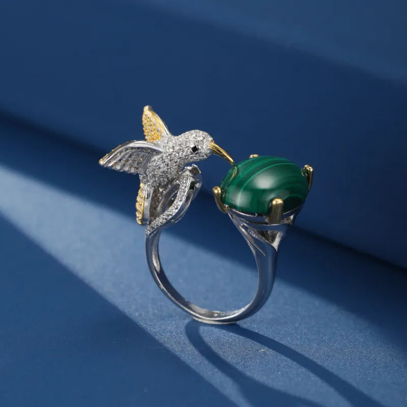 Malachite Ring ''Emerald Wings'' Silver