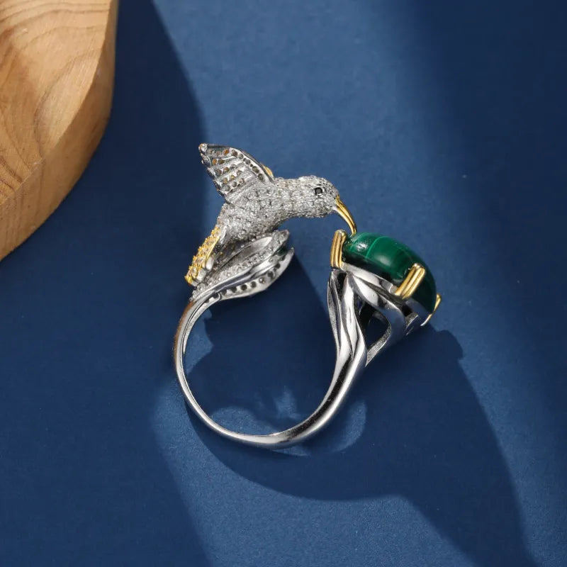 Malachite Ring ''Emerald Wings'' Silver