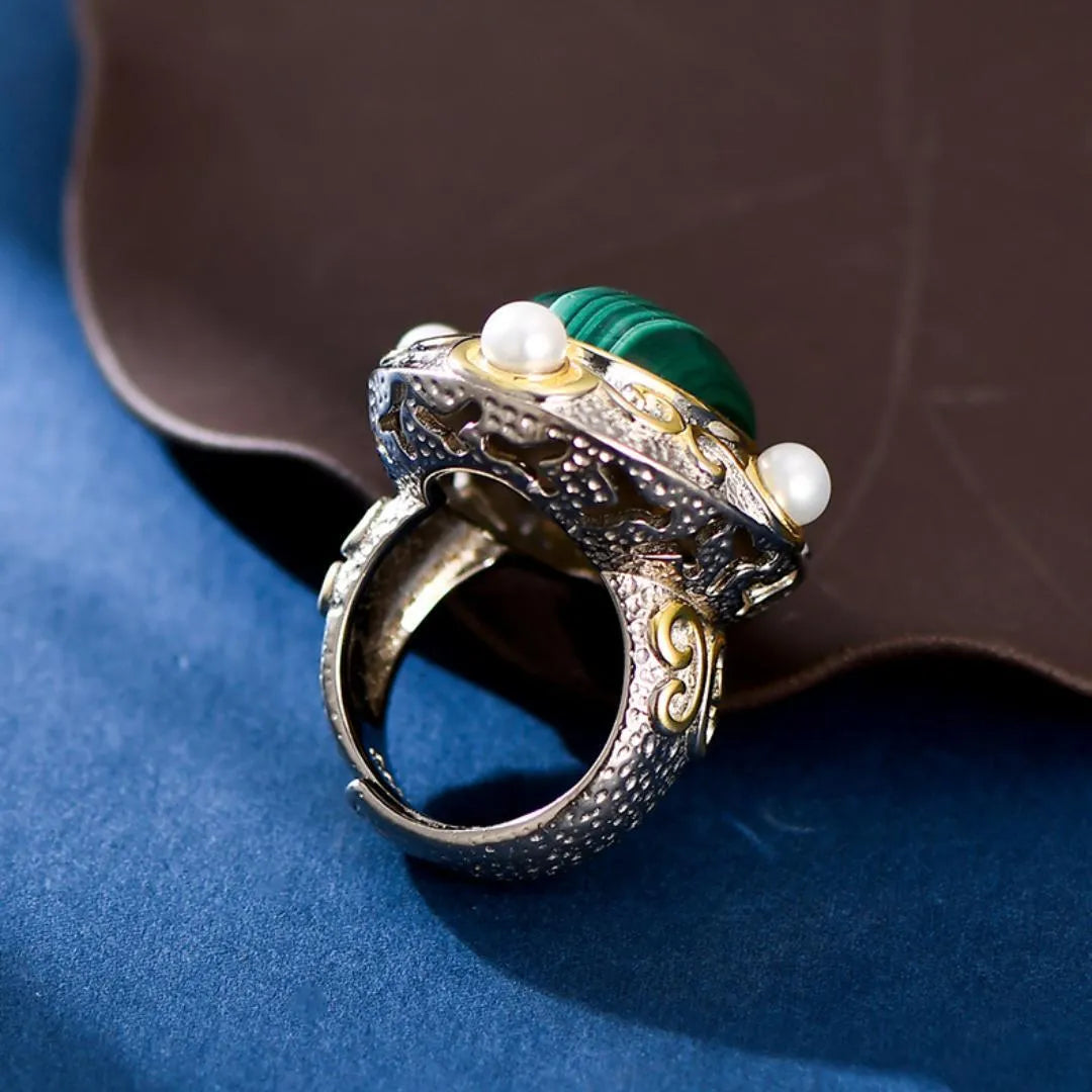 Bague Malachite e Perla – Eclat Venereo, Argento 925