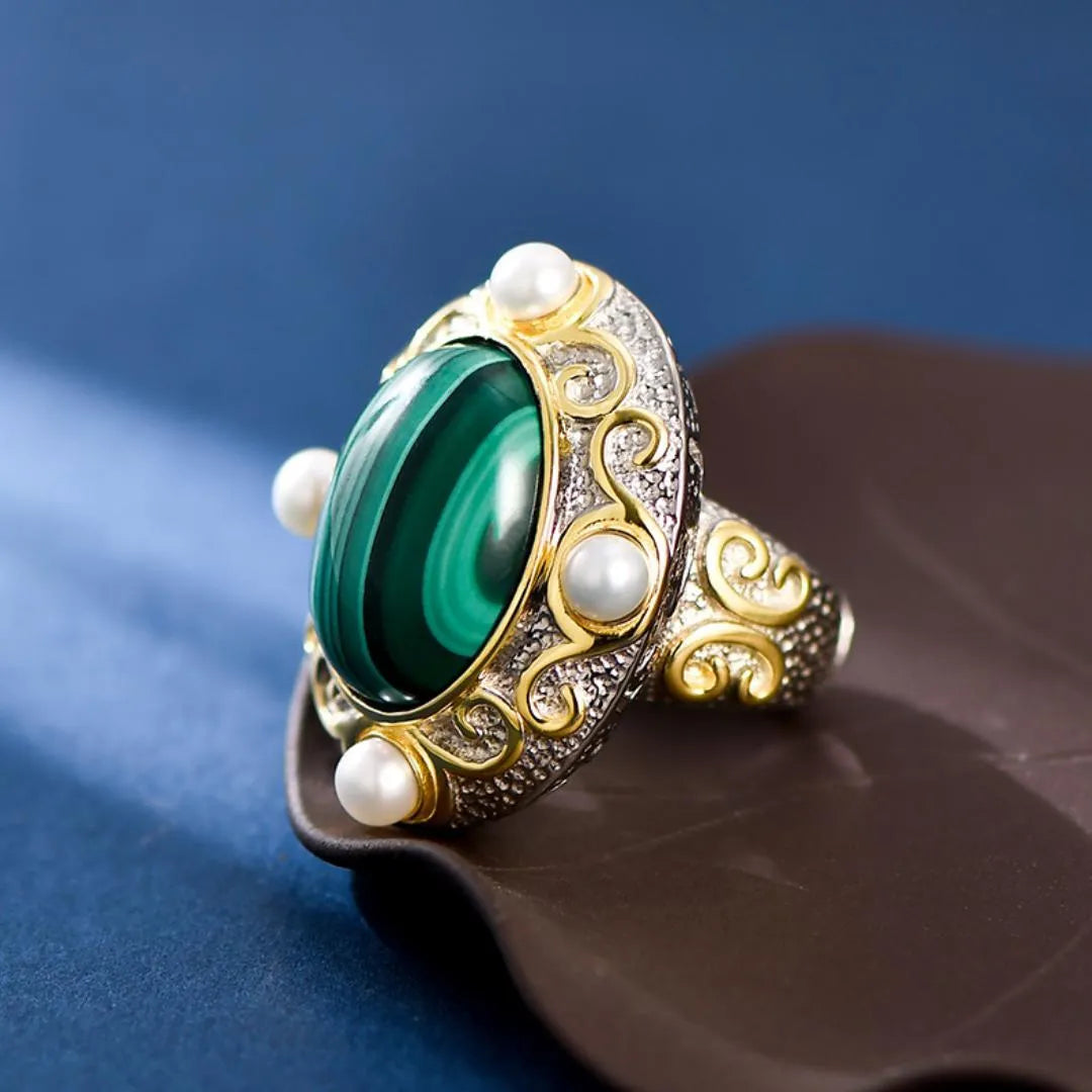 Bague Malachite e Perla – Eclat Venereo, Argento 925