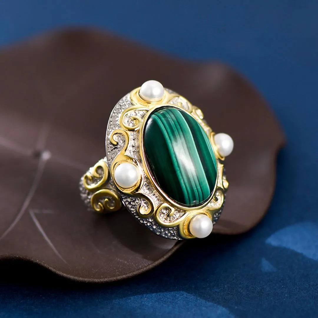 Malachite and Pearl Ring – Venusian Shine, Silver 925