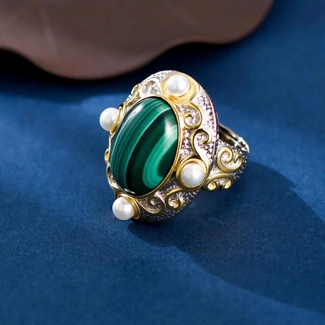 Bague Malachite e Perla – Eclat Venereo, Argento 925