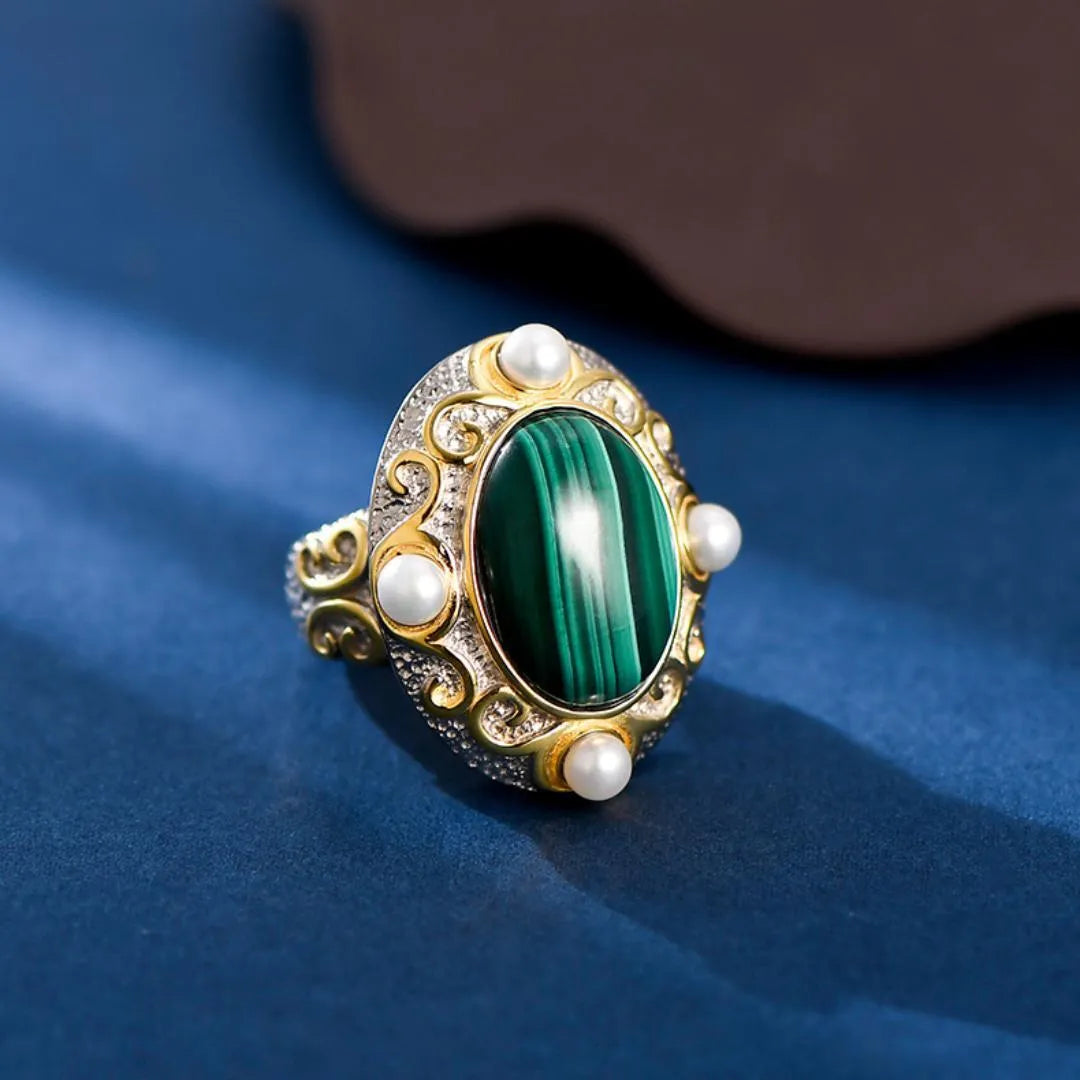 Bague Malachite e Perla – Eclat Venereo, Argento 925