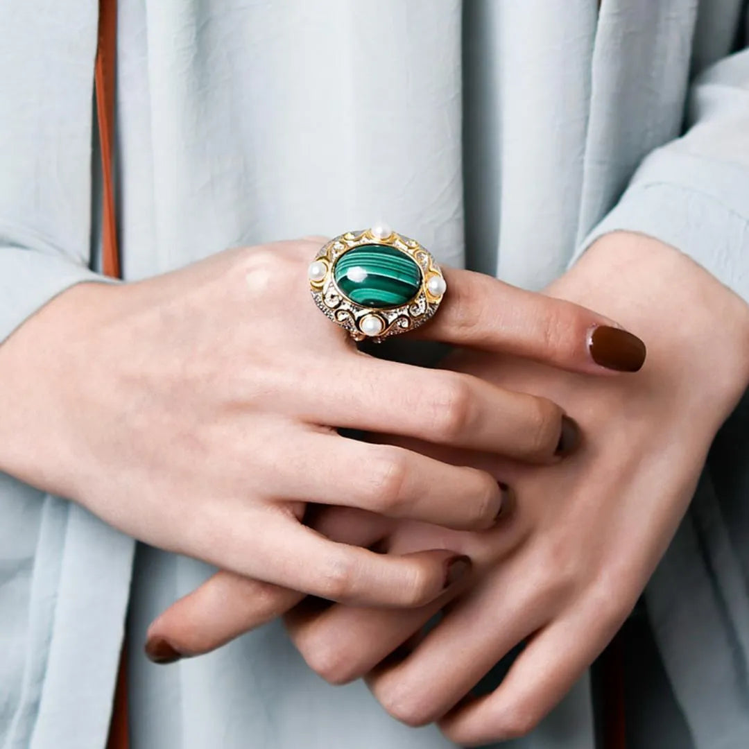 Malachite and Pearl Ring – Venusian Shine, Silver 925