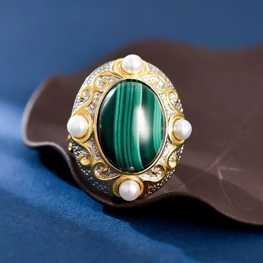 Bague Malachite e Perla – Eclat Venereo, Argento 925