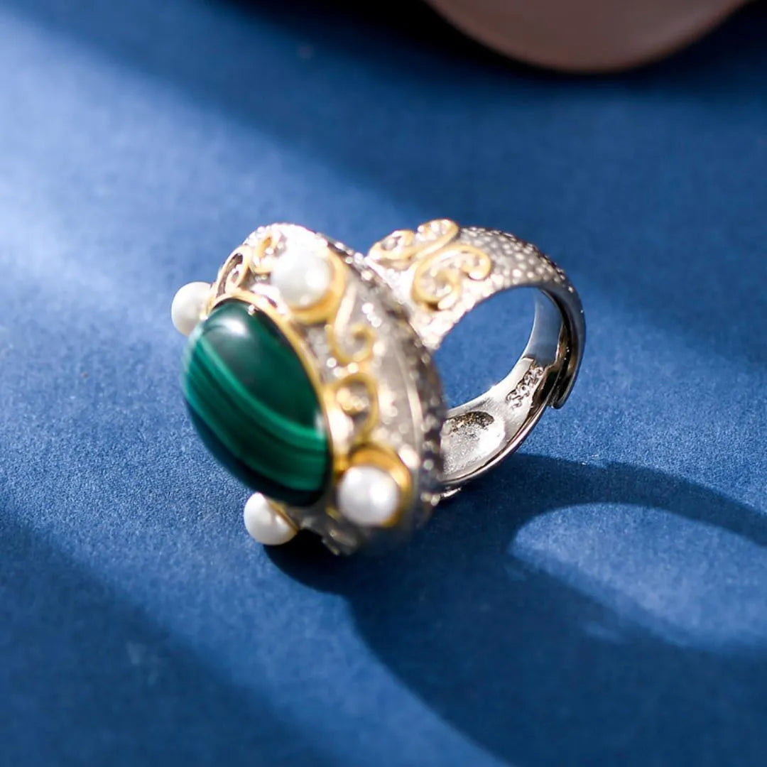 Bague Malachite e Perla – Eclat Venereo, Argento 925