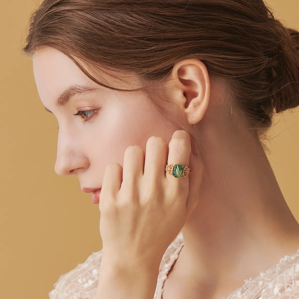 Malachite and Rutile Quartz Ring ''Royal Dream'' Gold Plated Silver