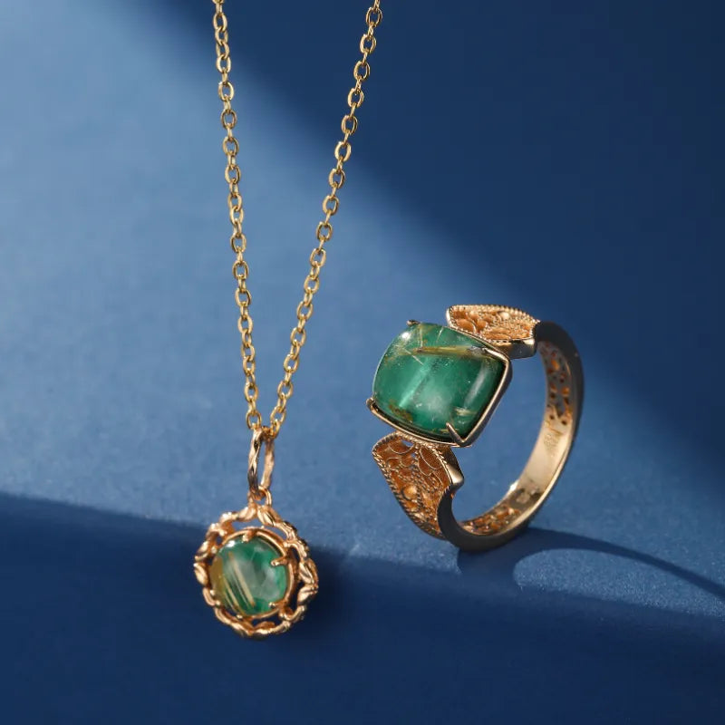 Malachite and Rutile Quartz Necklace ''Royal Dream'', Gold Plated Silver