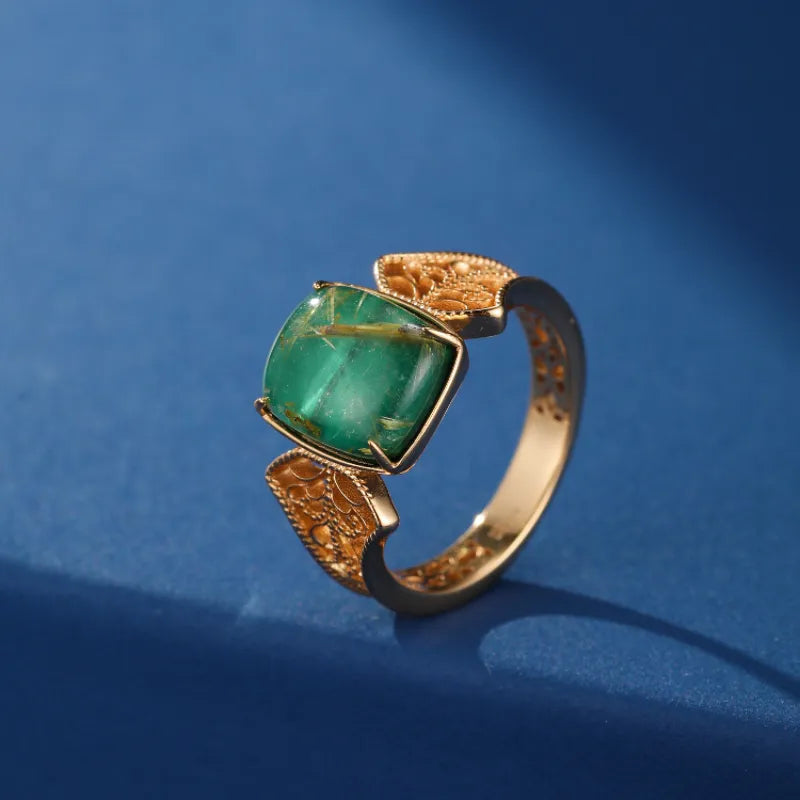 Malachite and Rutile Quartz Ring ''Royal Dream'' Gold Plated Silver