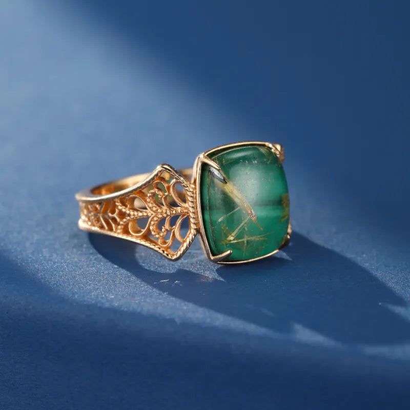 Malachite and Rutile Quartz Ring ''Royal Dream'' Gold Plated Silver