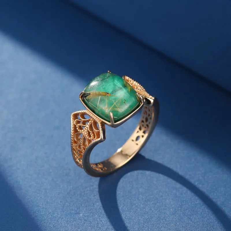 Malachite and Rutile Quartz Ring ''Royal Dream'' Gold Plated Silver