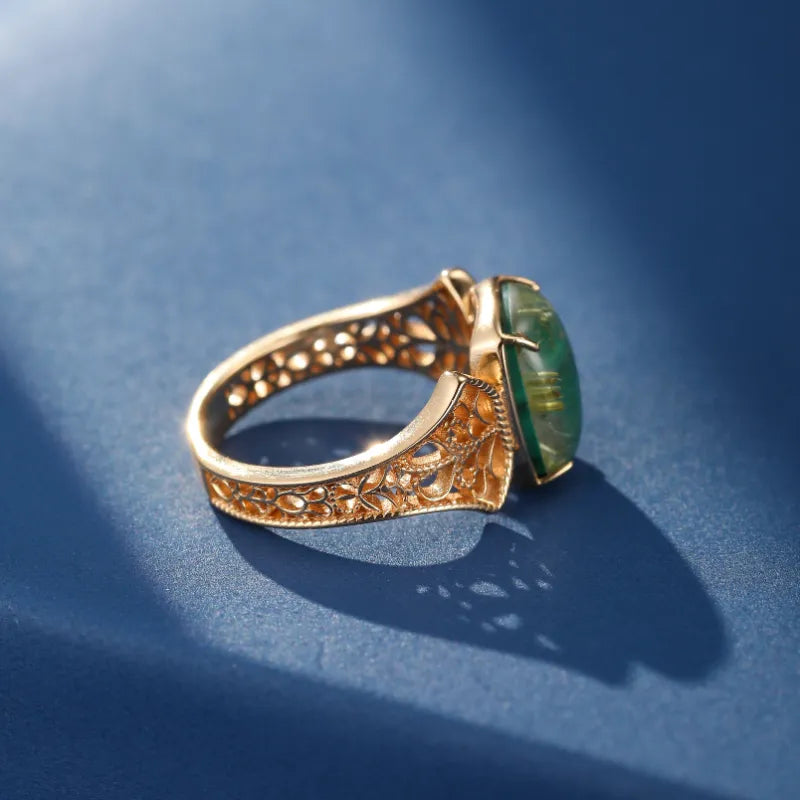 Malachite and Rutile Quartz Ring ''Royal Dream'' Gold Plated Silver