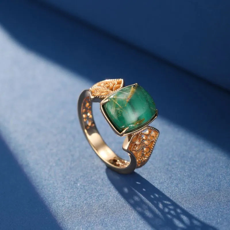 Malachite and Rutile Quartz Ring ''Royal Dream'' Gold Plated Silver