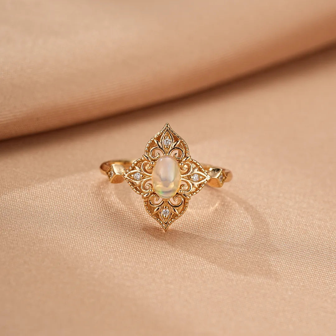 Opal Ring "Antique Light" 10K Gold Plated Sterling Silver
