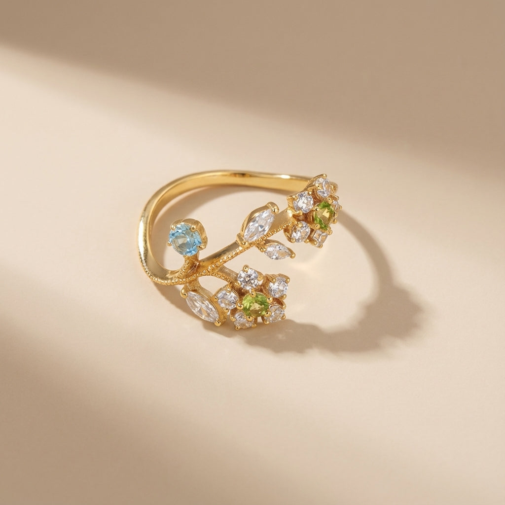 Peridot Ring "Daffodil Flower" Gold-Plated Silver