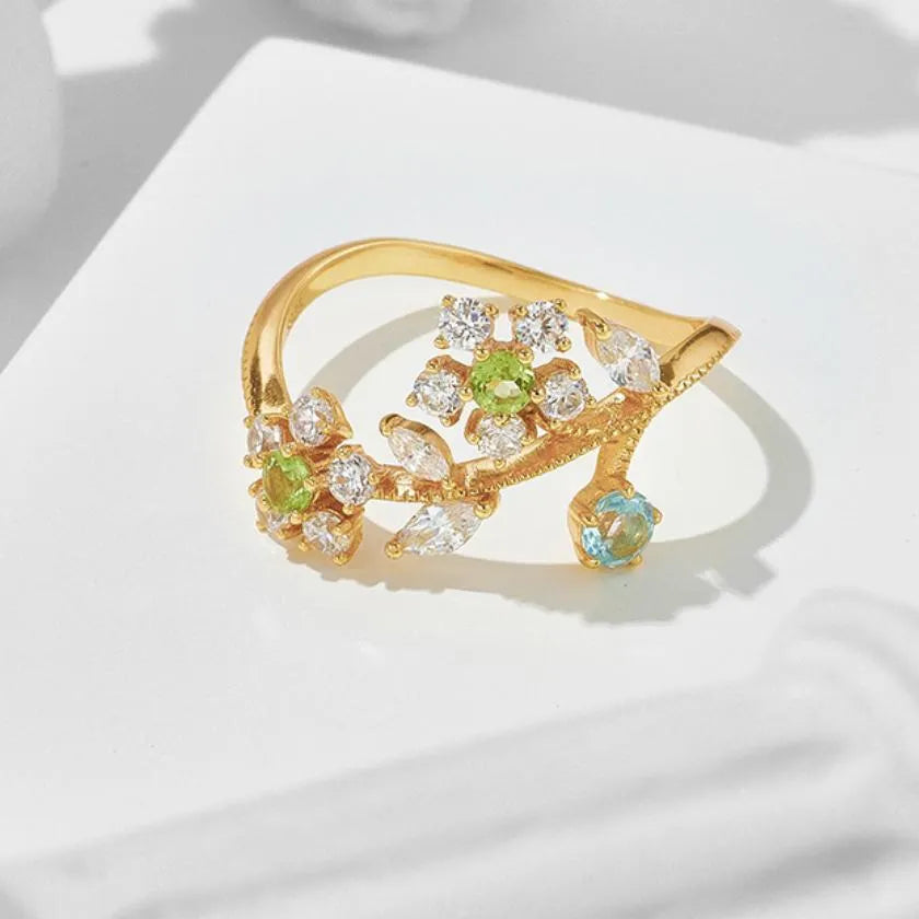 Peridot Ring "Daffodil Flower" Gold-Plated Silver