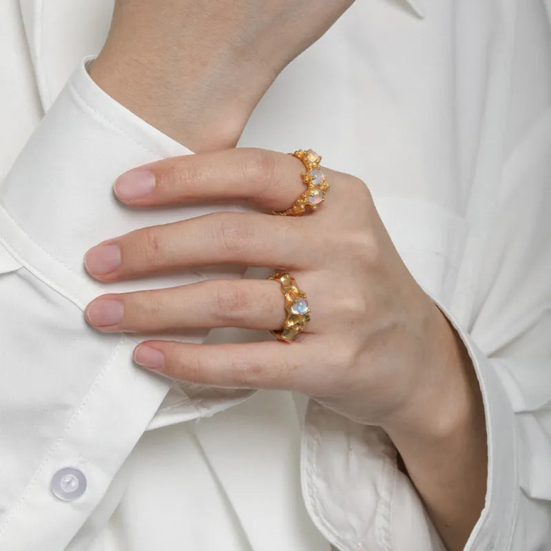 Moonstone Ring "Golden Galaxy" Gold-Plated Silver