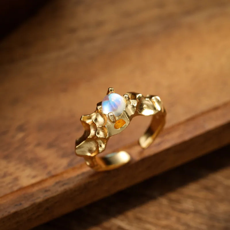 Moonstone Ring "Golden Galaxy" Gold-Plated Silver