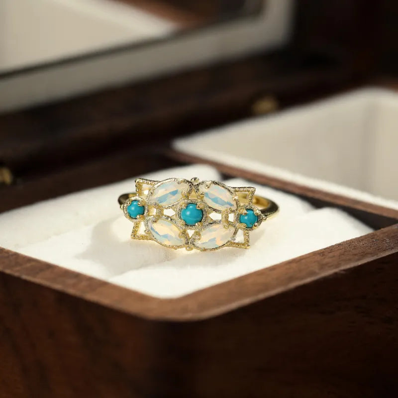 Moonstone Ring "Ethereal Garden" Gold-Plated Silver