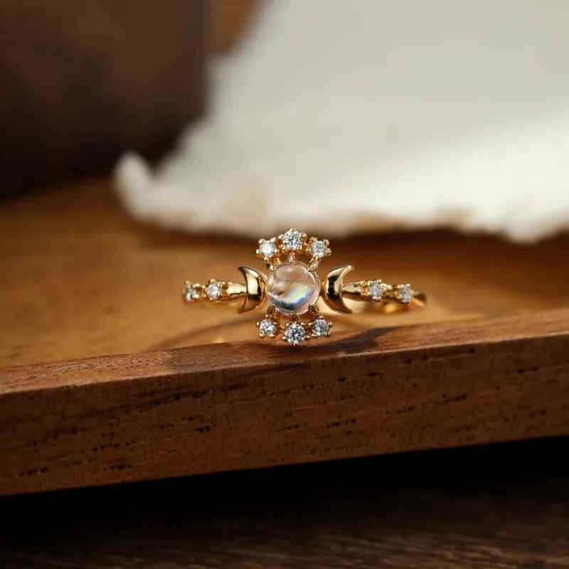 Moonstone Ring "Starry Night" Gold-Plated Silver