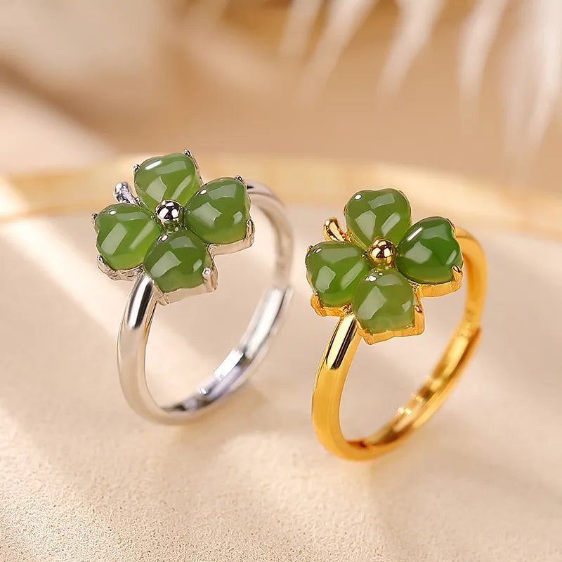 Clover Ring Jade "Gem of Joy" Gold-Plated Silver