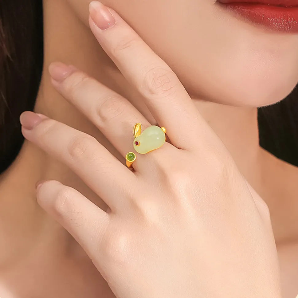 Jade Ring "Soft Rabbit" Gold-Plated Silver