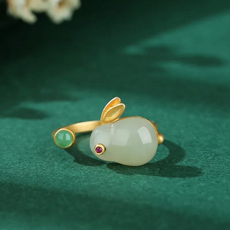 Jade Ring "Soft Rabbit" Gold-Plated Silver