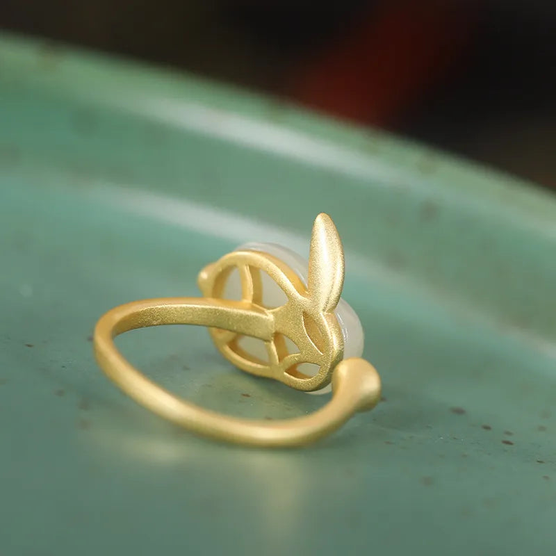 Jade Ring "Soft Rabbit" Gold-Plated Silver